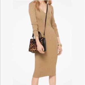Michael Kors gold metallic long sleeve midi dress